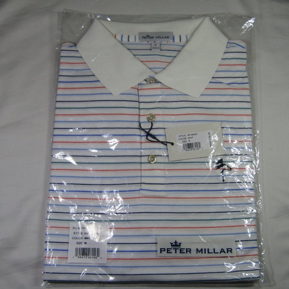 (M) White with Thin Multicolored Stripes Polo
